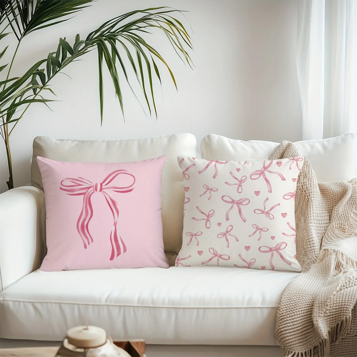 Pink bow cherry pattern printed pillowcase, soft and comfortable, sofa cushion cover, suitable for all kinds of rooms and places