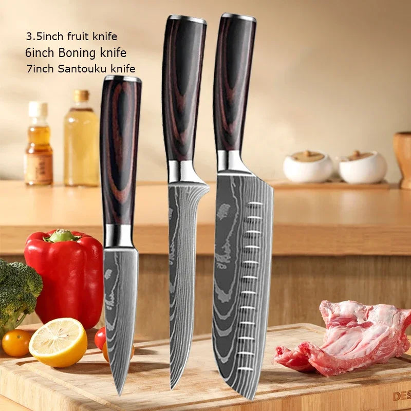 Damascus Chef's Knife Kitchen Knives Set Professional Boning Knife Meat Cleaver Utility Knife Japanese Santoku Knife with Cover