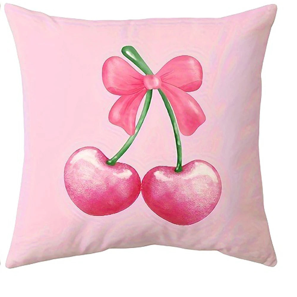 Pink bow cherry pattern printed pillowcase, soft and comfortable, sofa cushion cover, suitable for all kinds of rooms and places