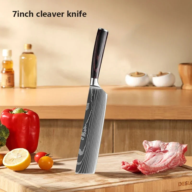 Damascus Chef's Knife Kitchen Knives Set Professional Boning Knife Meat Cleaver Utility Knife Japanese Santoku Knife with Cover