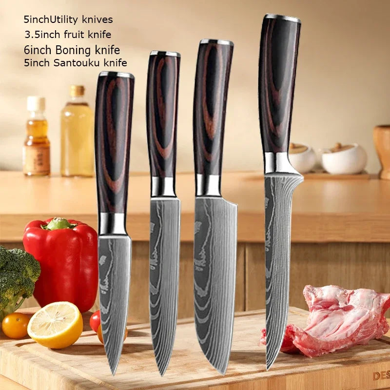 Damascus Chef's Knife Kitchen Knives Set Professional Boning Knife Meat Cleaver Utility Knife Japanese Santoku Knife with Cover