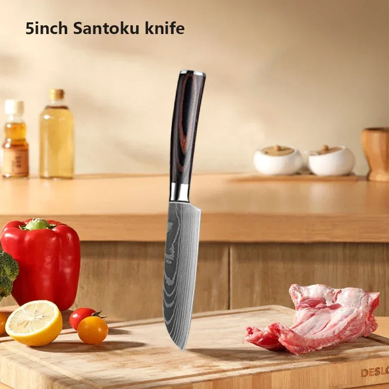 Damascus Chef's Knife Kitchen Knives Set Professional Boning Knife Meat Cleaver Utility Knife Japanese Santoku Knife with Cover
