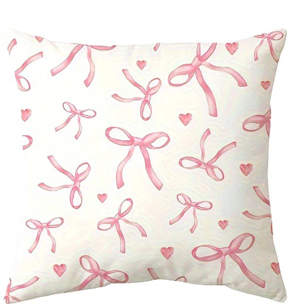 Pink bow cherry pattern printed pillowcase, soft and comfortable, sofa cushion cover, suitable for all kinds of rooms and places